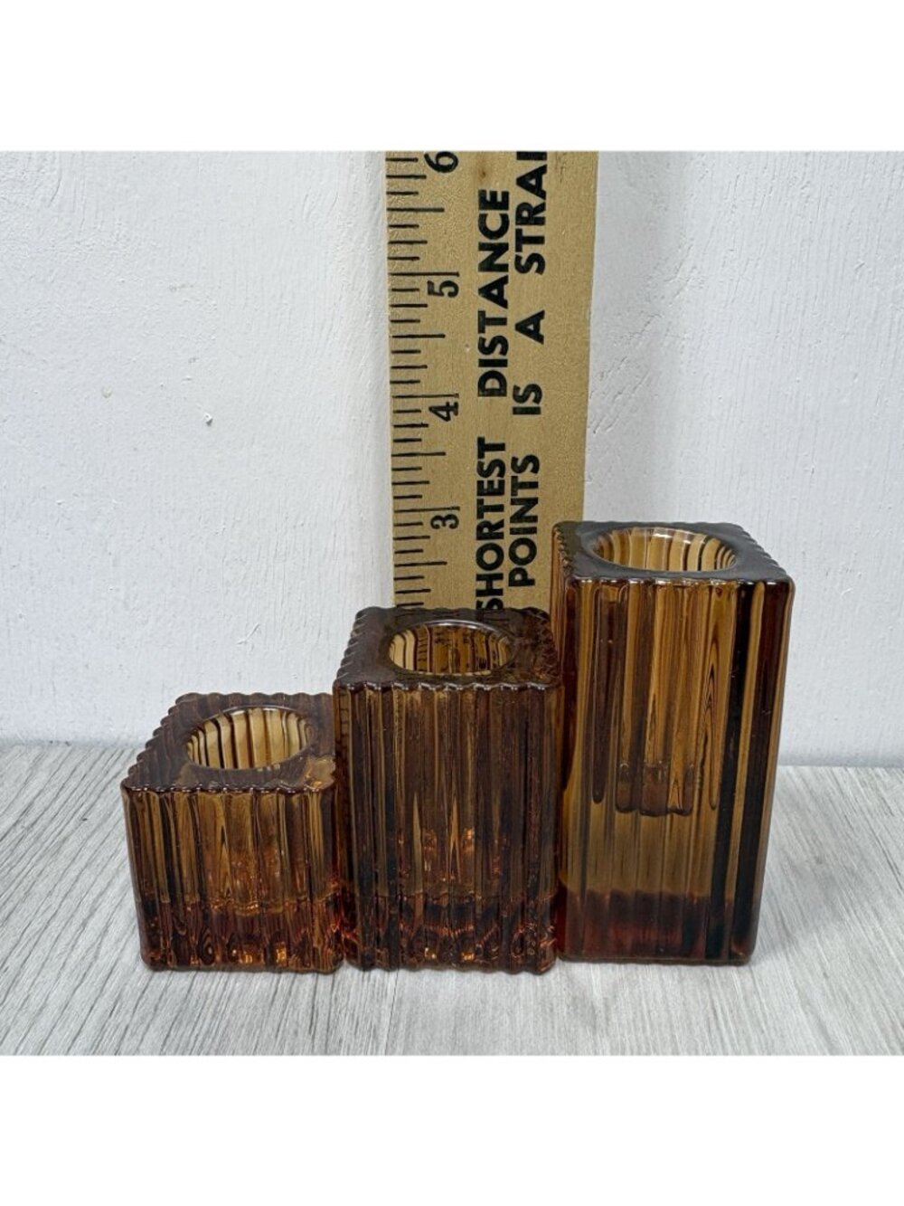 3 Amber Candlestick Holder Lot Candle Square MCM - Picture 7 of 7